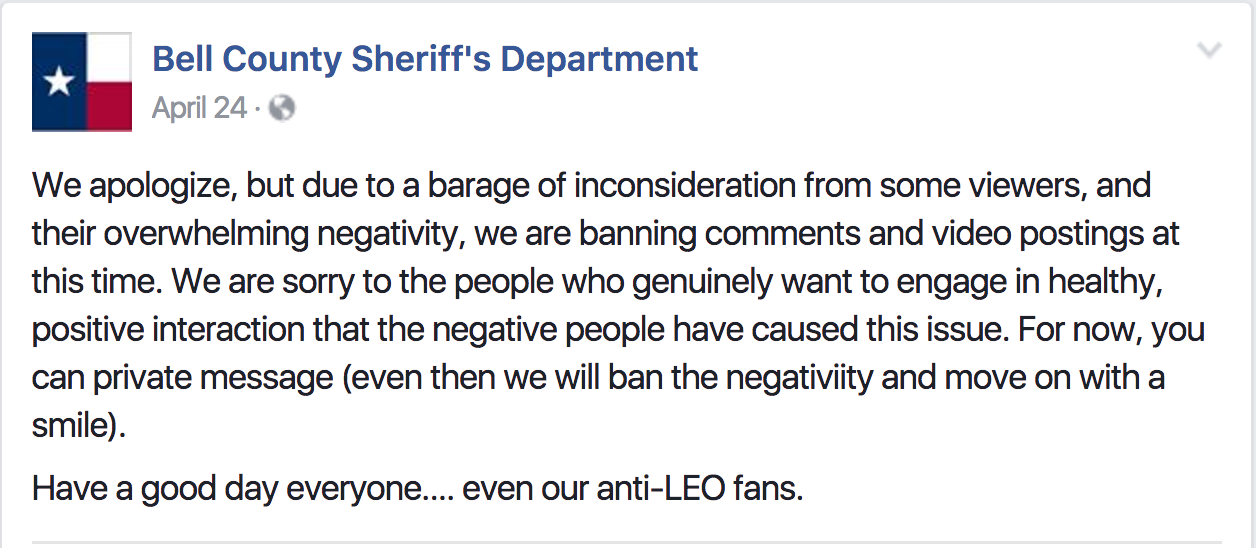 Bell County Sheriff's Department Facebook comments